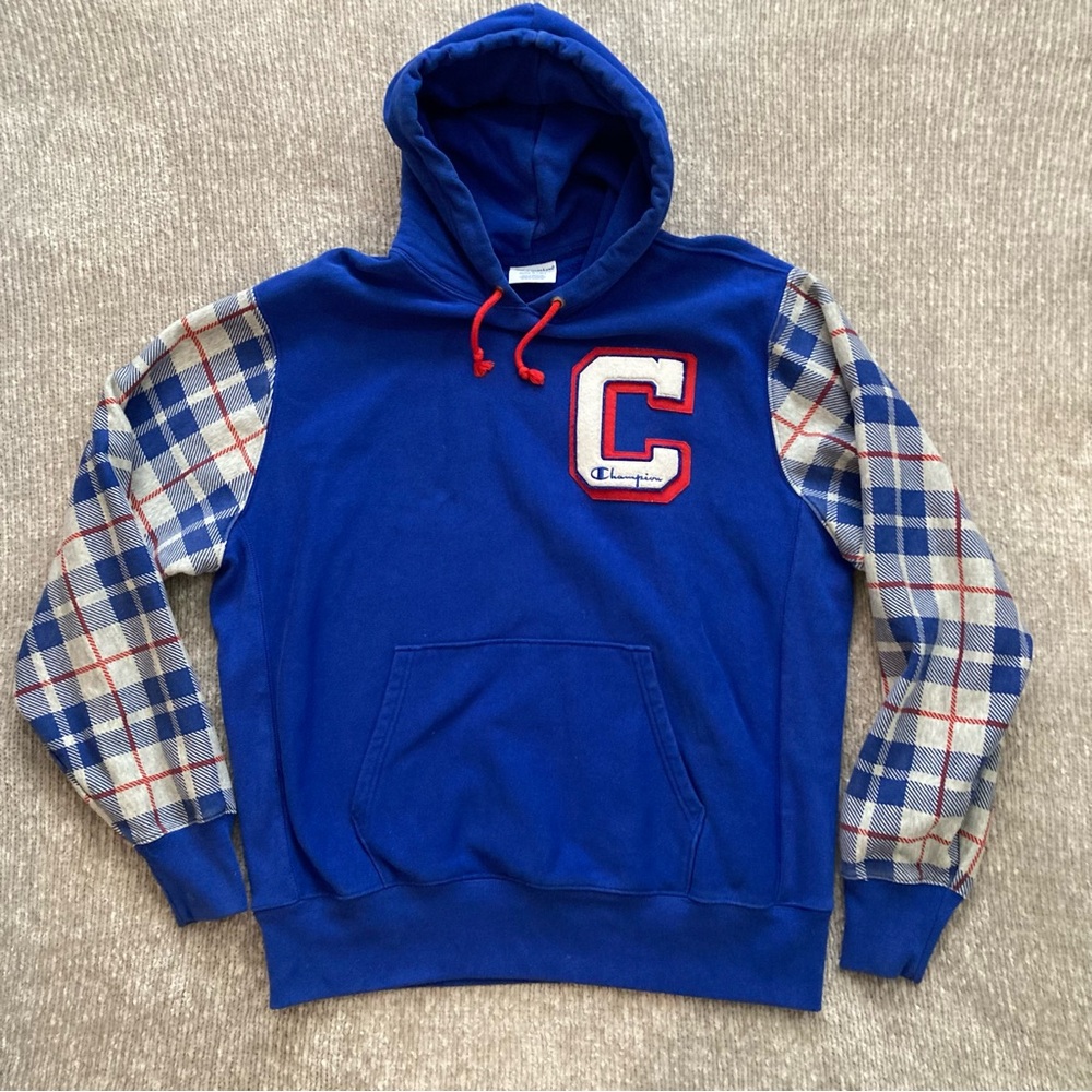 Champion Reverse Weave Hoodie XL Blue Plaid Letterman Surf the Web Colorful‎